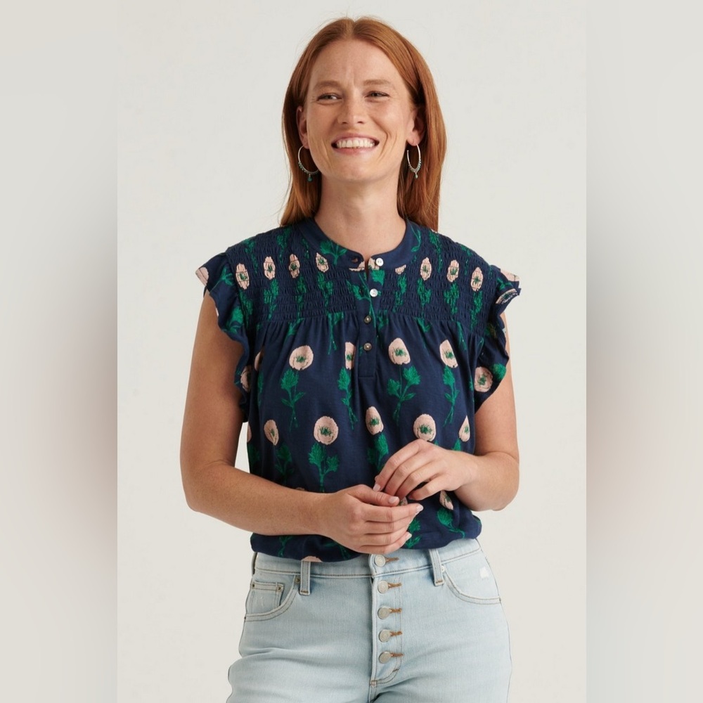 Lucky Brand Printed Smocked Sleeveless Top